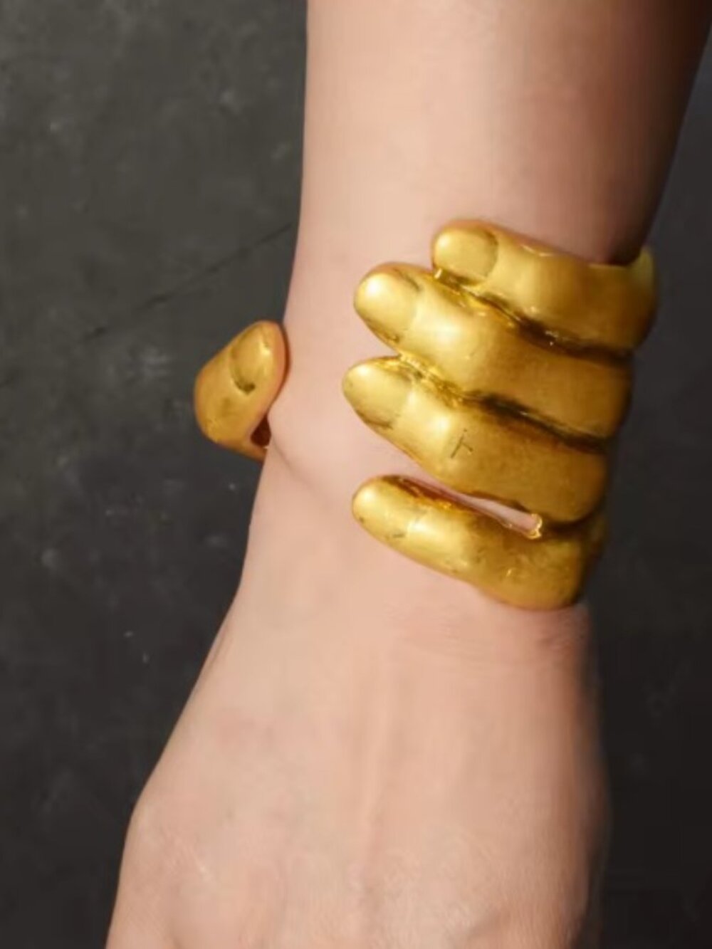 Gold Tone Hand Cuff Bracelet Sculptural Statement Open Bangle Adjustable